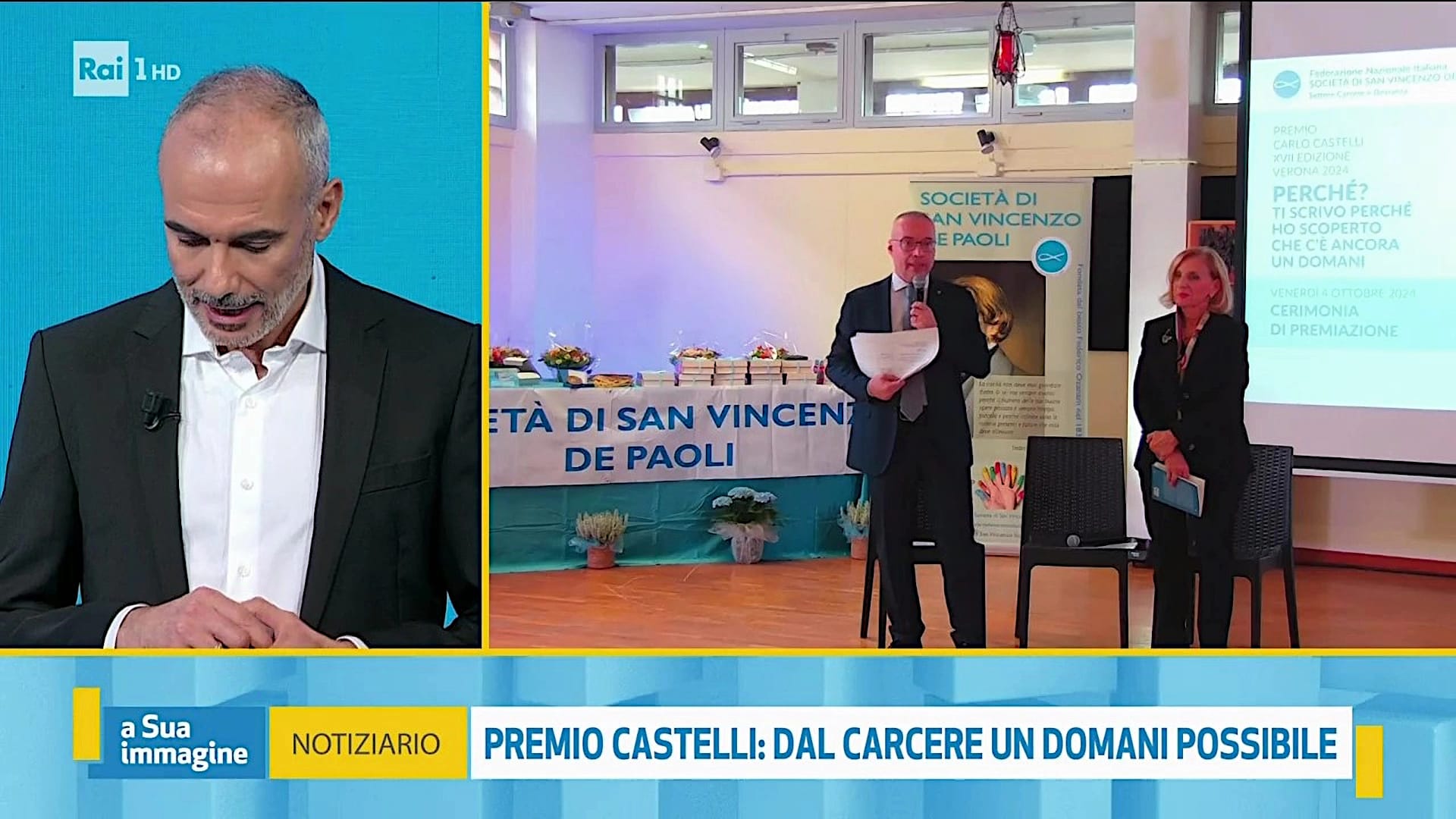 La trasmissione televisiva A Sua Immagine di Rai 1, domenica 10 novembre 2024, ha trasmesso un servizio sulla XVII Edizione del Premio Carlo Castelli, concorso letterario riservato ai detenuti delle carceri italiane e degli Istituti per Minori promosso dalla Federazione Nazionale Italiana Società di San Vincenzo De Paoli ODV con il patrocinio di Camera, Senato, Ministero della Giustizia e con il riconoscimento della medaglia del Presidente della Repubblica Sergio Mattarella. L’appuntamento coinvolge detenuti provenienti da penitenziari di tutta Italia, offrendo loro un'opportunità unica di esprimersi attraverso la scrittura. Ogni anno, un carcere o un Istituto Penitenziario Minorile (IPM) viene scelto come sede della cerimonia, durante la quale vengono letti e premiati i racconti selezionati da un'apposita giuria. L’edizione 2024 del Premio letterario Carlo Castelli ha riaffermato il potere della scrittura come uno strumento fondamentale per i detenuti, un ponte tra il loro mondo interno e l'esterno. Il tema di quest’anno, intitolato “Perché? – Ti scrivo perché ho scoperto che c’è ancora un domani” invita a riflettere sul valore della speranza e sul riscatto possibile. “La speranza è un bene prezioso, una luce che accompagna e sostiene, soprattutto nei momenti più difficili. E in questo luogo, dove la libertà è limitata, il nostro desiderio è che nessuno perda mai questa luce”, afferma Paola Da Ros, Presidente Federazione Nazionale Società di San Vincenzo De Paoli. La premiazione è avvenuta a Verona presso la Casa Circondariale di Montorio.